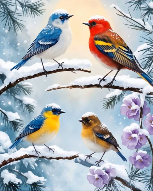 30x20cm Diamond Painting vogels sneeuw (rond) nr 378