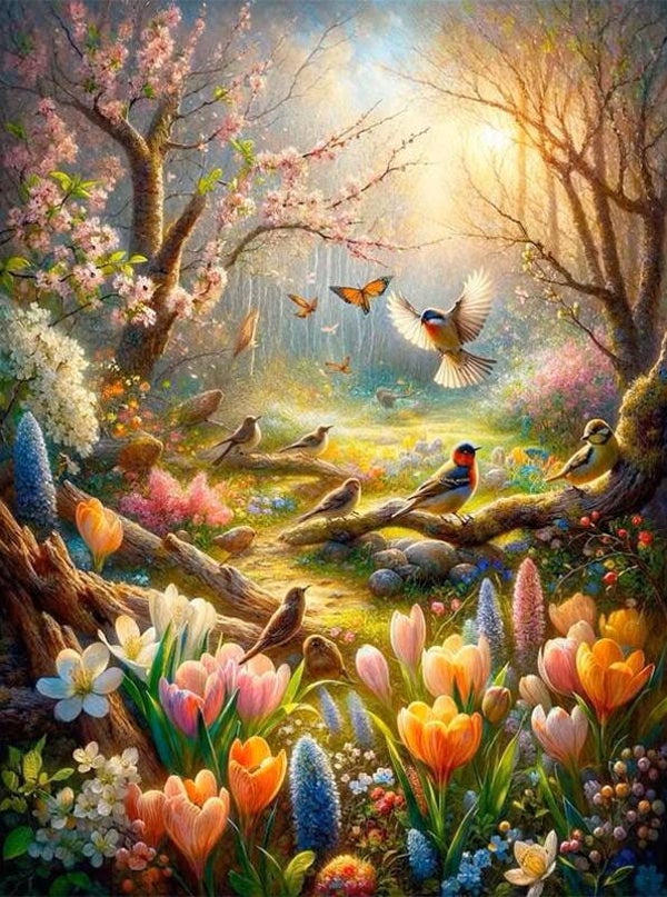 30x20cm Diamond Painting vogels bloemen (rond) nr 402