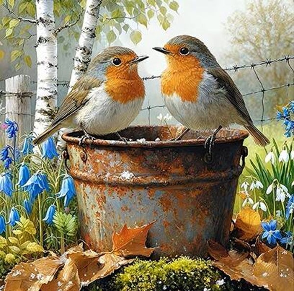 40x40cm Diamond Painting vogels op emmer nr 625