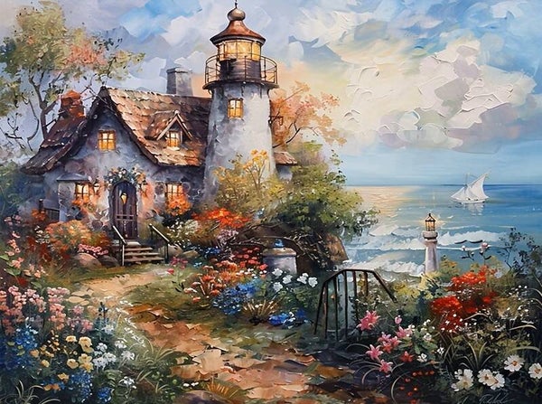 40x30cm Diamond Painting vuurtoren huisje nr 666
