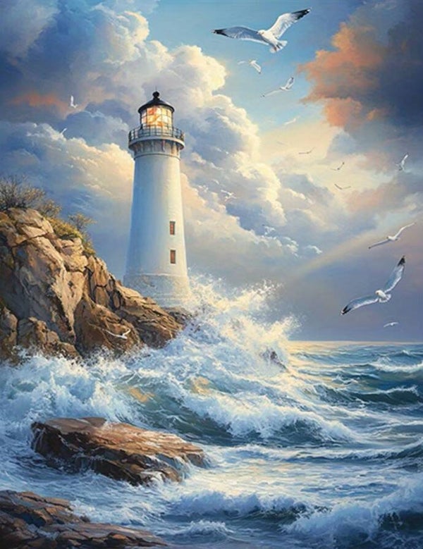 50x40cm Diamond Painting vuurtoren meeuwen (vierkant) nr 19