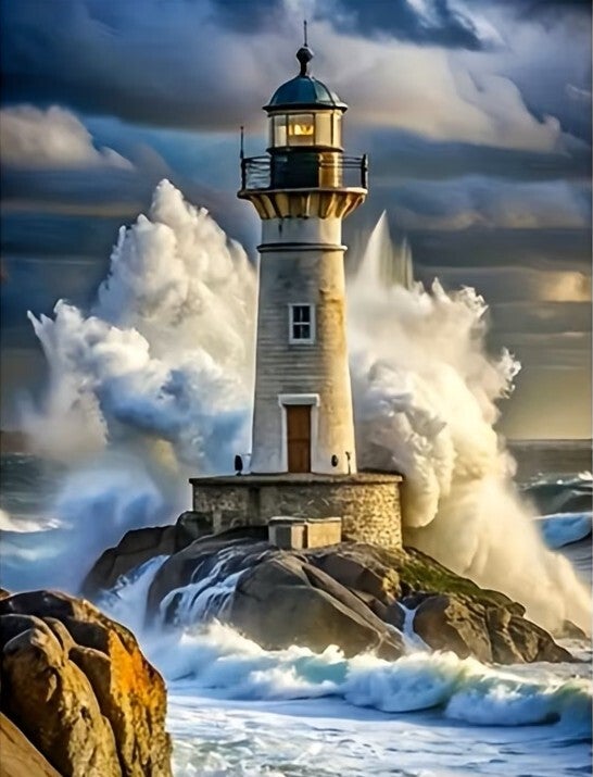 40x30cm Diamond Painting vuurtoren storm (rond) nr 243