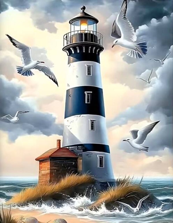 nr 251 Diamond Painting vuurtoren vogels 40x30cm (rond)