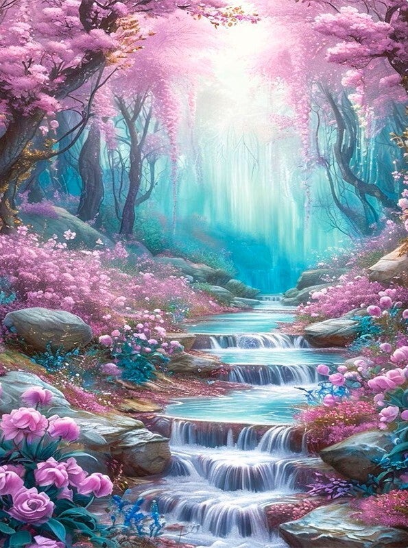 nr 372 Diamond Painting watervallen roze struiken 30x20cm (rond)