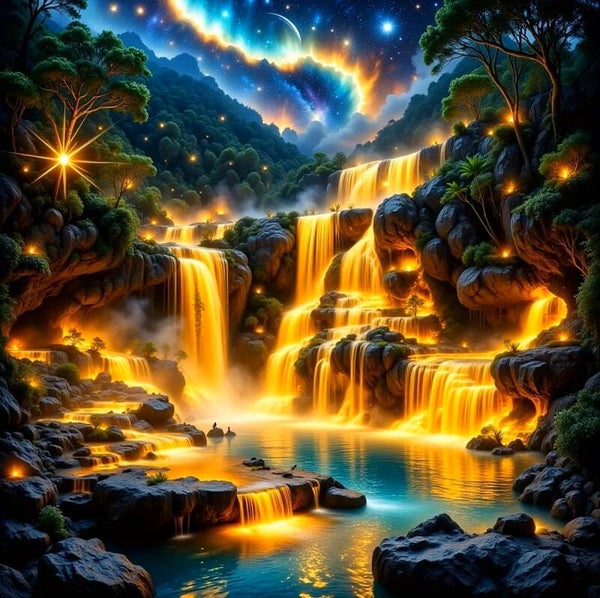 nr 619 Diamond Painting verlichte watervallen 40x40cm (rond)