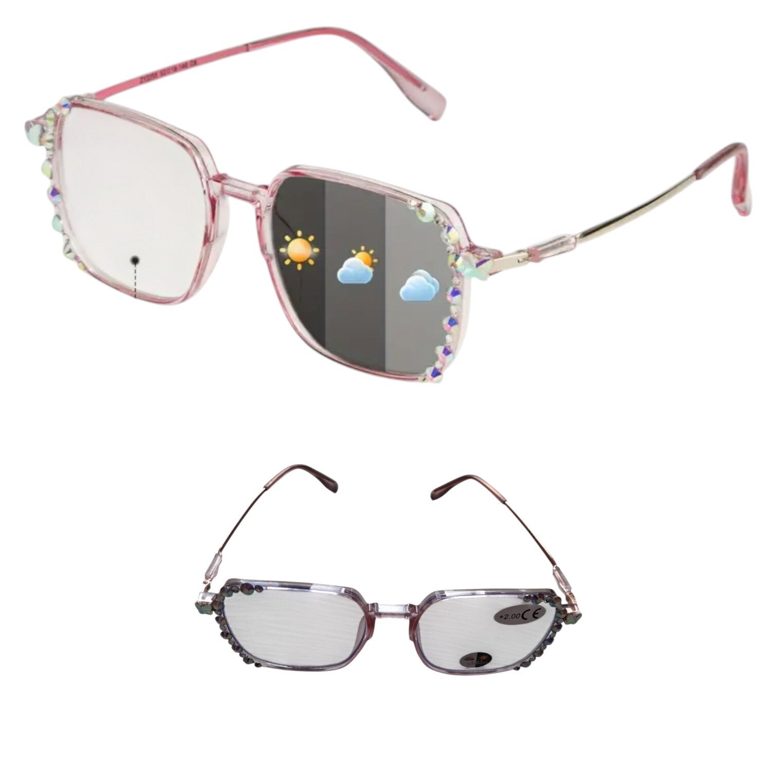 Stijlvolle zonnebril - leesbril met strass steentjes +2.00