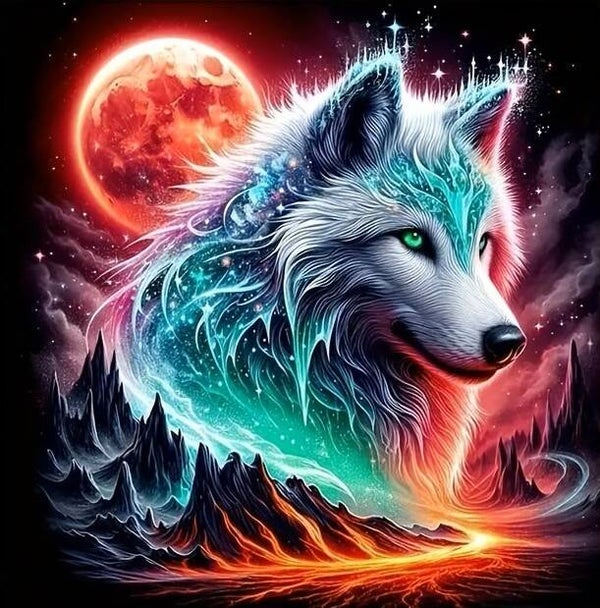 nr 319 Diamond Painting wolf maan landschap 30x30cm
