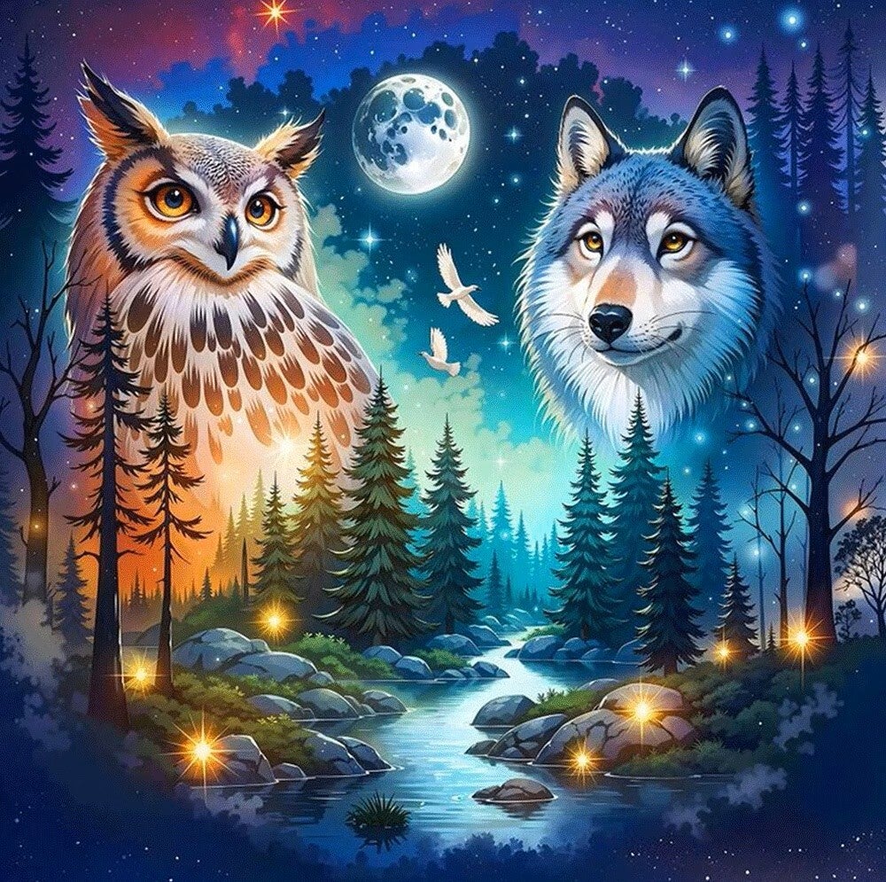 30x30cm Diamond Painting wolf met uil nr 296