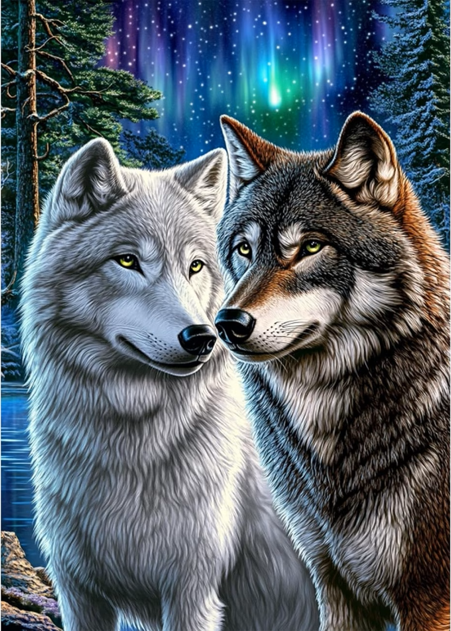 nr 398 Diamond Painting wolven noorderlicht 30x20cm (rond)