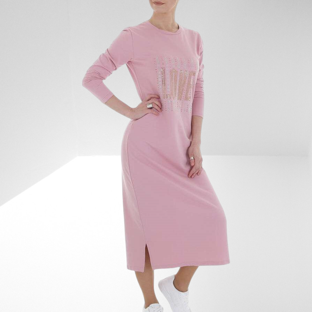 Arino sweatjurk strass love roze XL/XXL 42/44