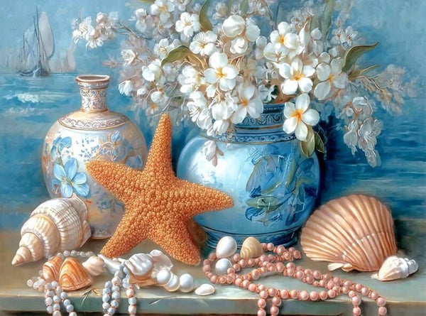 50x40cm Diamond Painting zee schelpen bloemen (vierkant) nr 12
