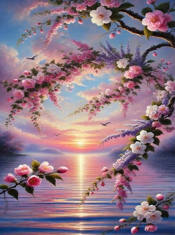 nr 364 Diamond Painting zee zonsondergang bloemen 30x20cm