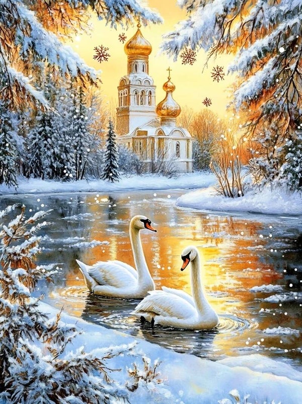 nr 192 Diamond Painting zwanen kasteel 40x30cm (vierkant)