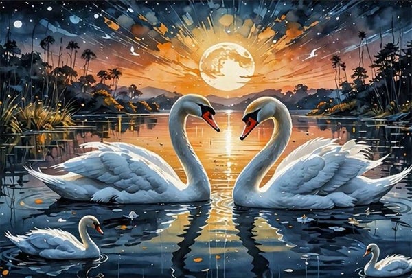 30x20cm Diamond Painting zwanen maanlicht (rond) nr 392