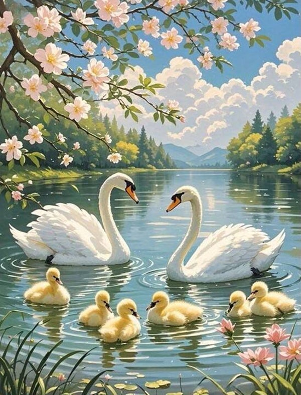 40x30cm Diamond Painting zwanen jonkies nr 681