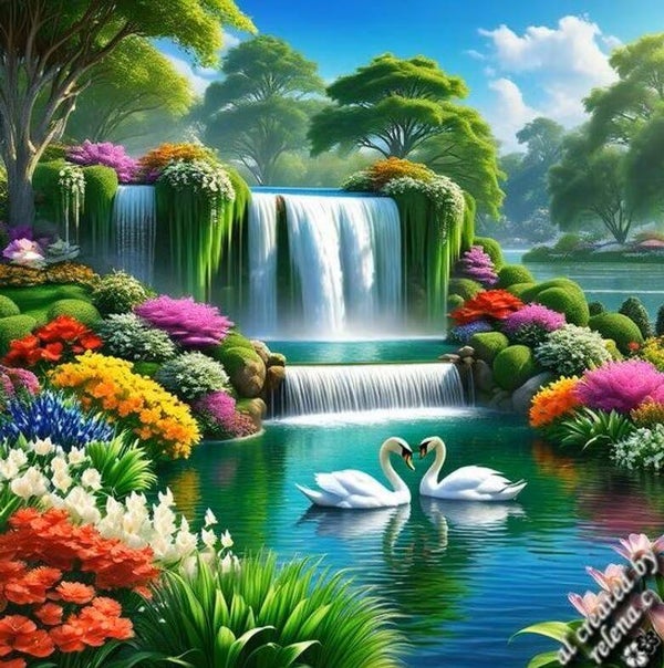30x30cm Diamond Painting zwanen watervallen nr 297