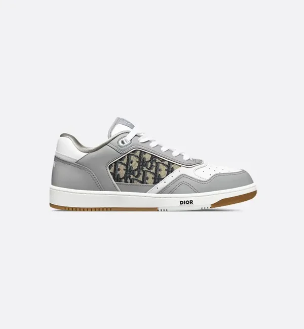 Lage B27 Uptown-Sneaker Soepel Grijs En Wit Kalfsleer Met Beige En Zwart Jacquardgeweven Dior Oblique-Motief