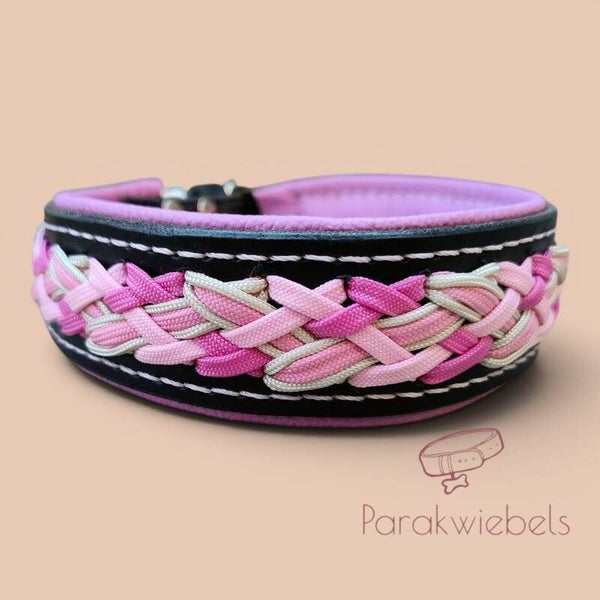 Lederen halsband zwart/roze - 42/47cm