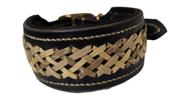 Lederen halsband zwart-goud 34cm