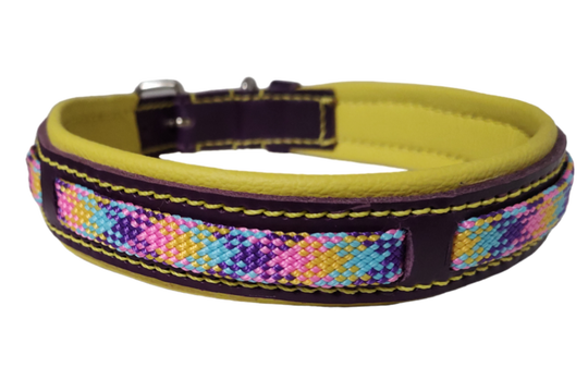 Lederen halsband paars - geel 50cm