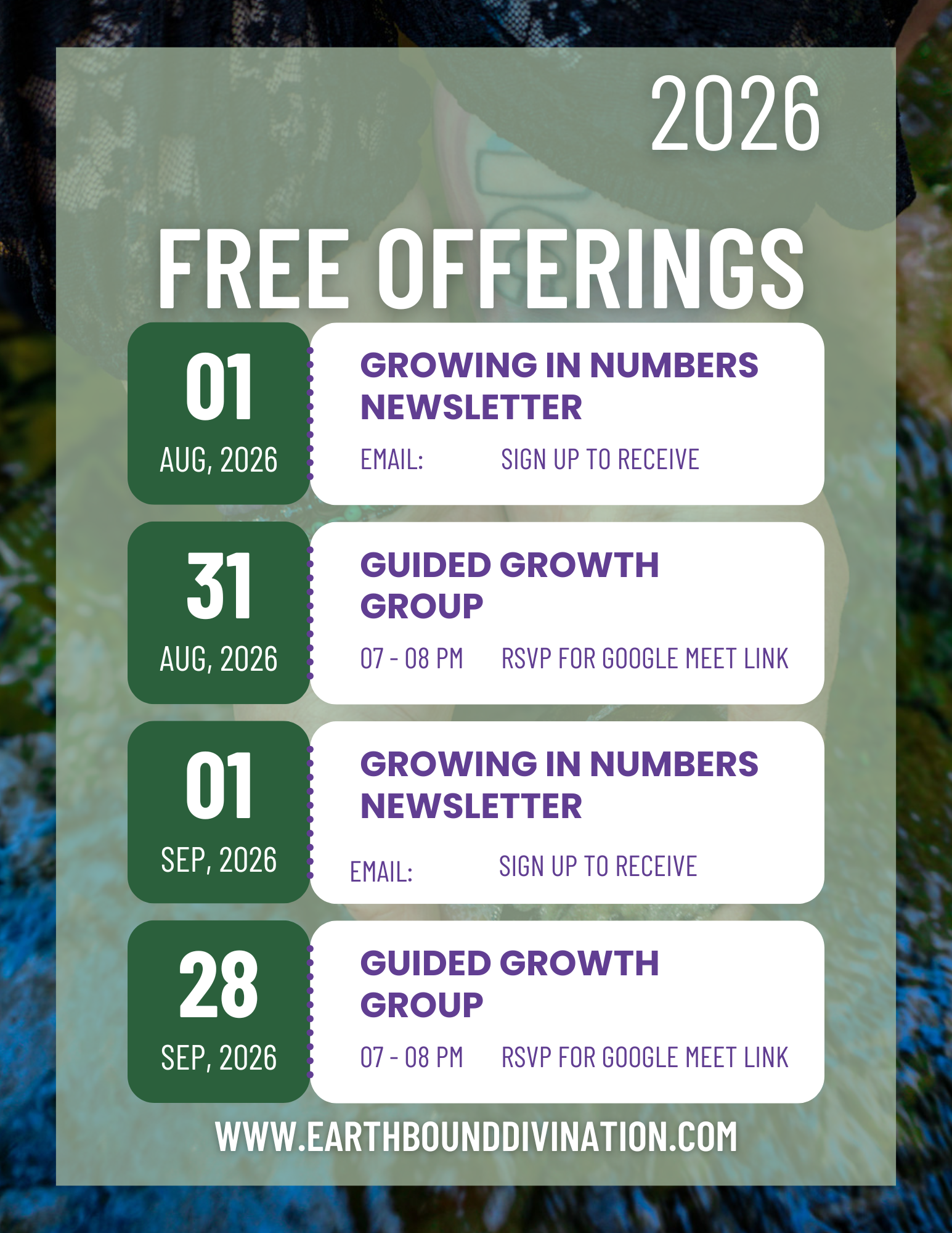 Free offerings, July 27, 2026: Guided Growth Group, August 1, Growing in Numbers Newsletter, Guided Growth Group meetings August 31 & Septerber 28
