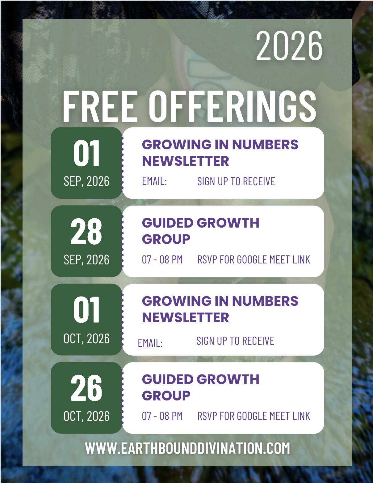 Free offerings, July 27, 2026: Guided Growth Group, August 1, Growing in Numbers Newsletter, Guided Growth Group meetings August 31 & Septerber 28
