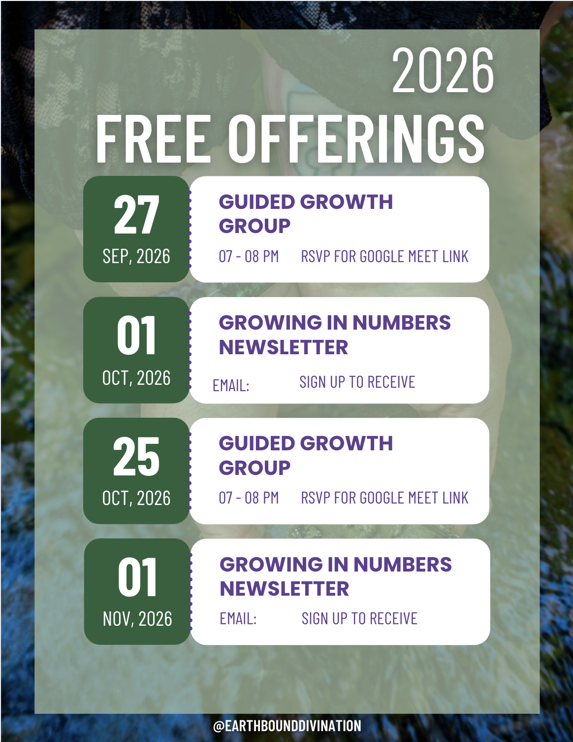 Free offerings, July 27, 2026: Guided Growth Group, August 1, Growing in Numbers Newsletter, Guided Growth Group meetings August 31 & Septerber 28