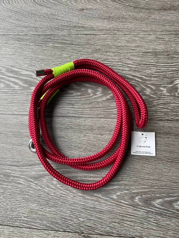 Donkerrode riem 10 mm PPM 2 meter met neon groen afgewerkt