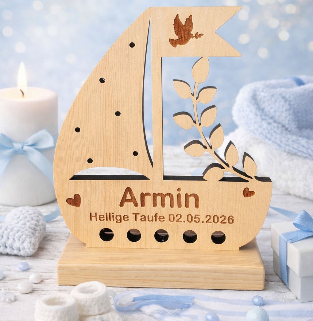 Segelboot aus Zirbenholz zur Taufe