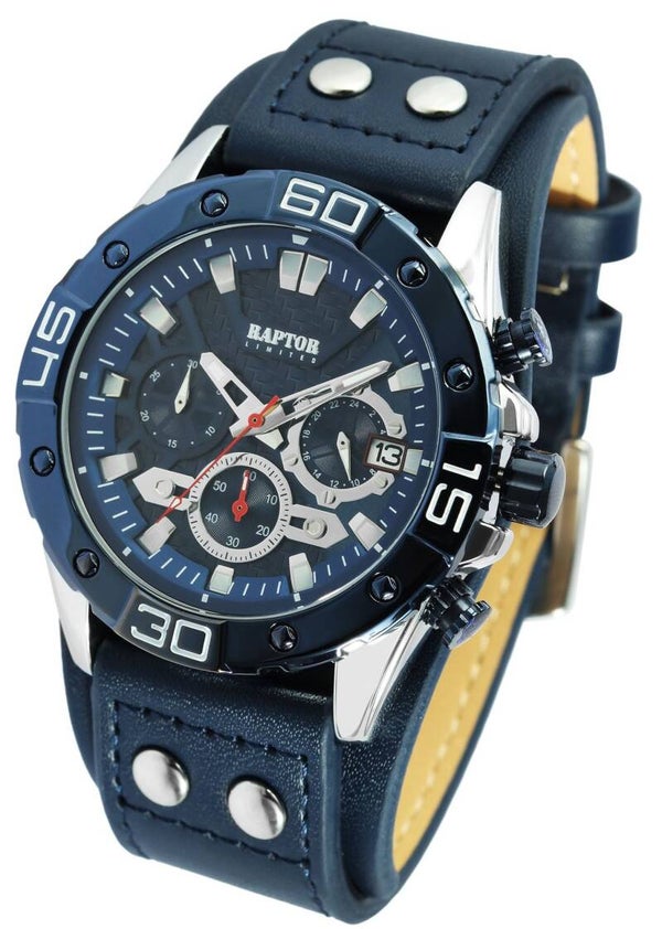Andre klokketyper Kronografer Raptor Limited Chronograph med ekte lærrem, blå Bestillingsvare