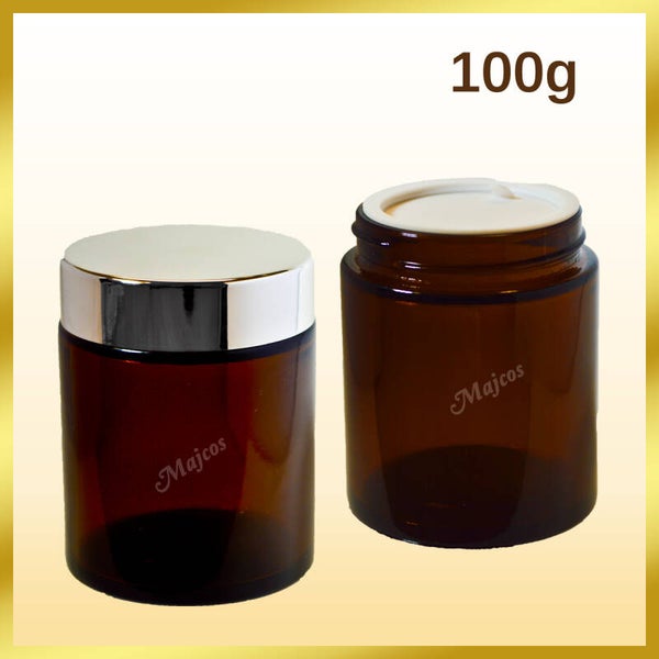 100g Amber Glass Jars supplied with shiny Silver screw Caps & inner Liner