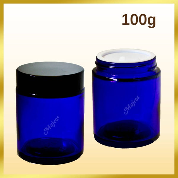 100g Cobalt Blue Glass Jars supplied with shiny Black screw Caps & inner Liner