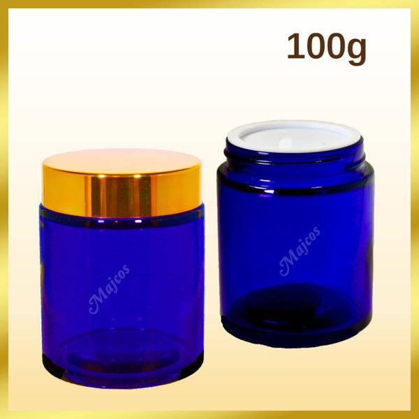 100g Cobalt Blue Glass Jars supplied with shiny Golden Caps & inner Liner