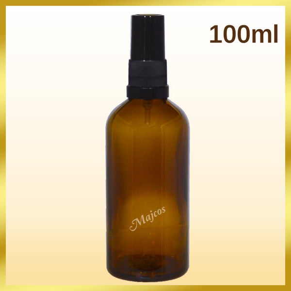 100ml empty Amber Glass Bottles with Tamper evident Black Atomiser / Mist spray-Black over Caps