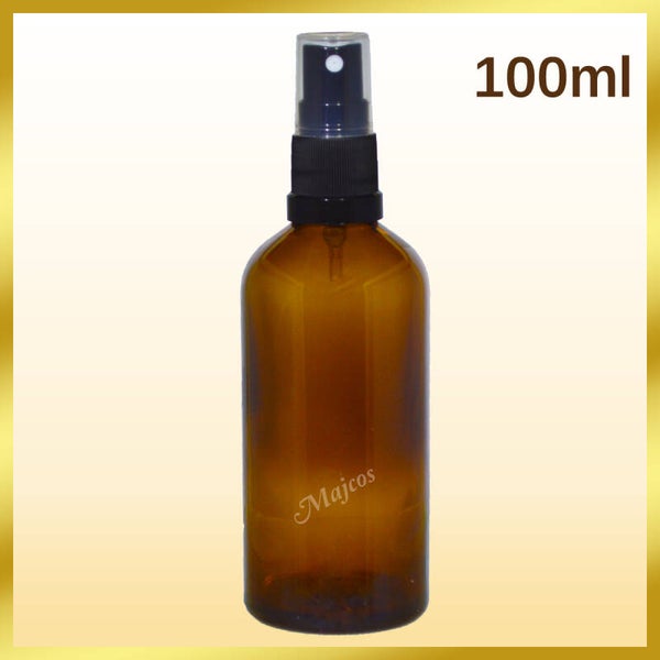 100ml empty Amber Glass Bottles with Black Atomizer / Mist spray - clear over Caps