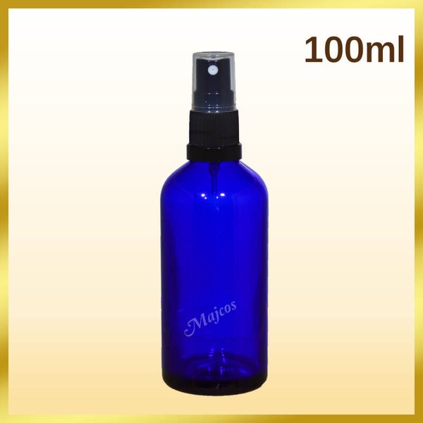 100ml empty Cobalt Blue Glass Bottles with tradional Black Atomiser / Mist spray-Clear over Caps