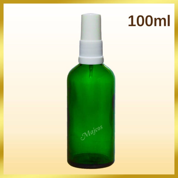 100ml empty Green Glass Bottles with White Atomizer / fine mist spray - White over Caps