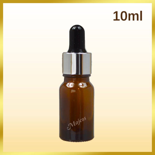 10ml Amber Glass Bottles with shiny Silver Collar Black Top
