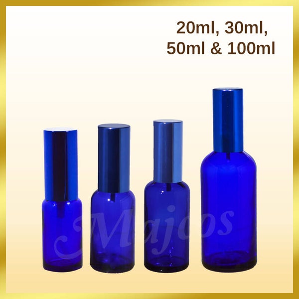 20ml,30ml,50ml & 100ml Blue Glass Bottles with shiny Blue atomisers