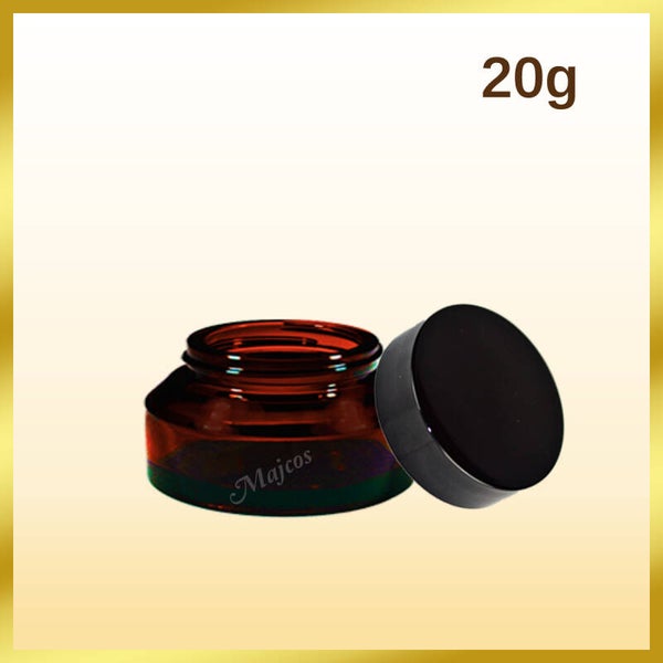 20g empty Amber Glass Jars supplied with shiny Black screw Caps & inner Liner