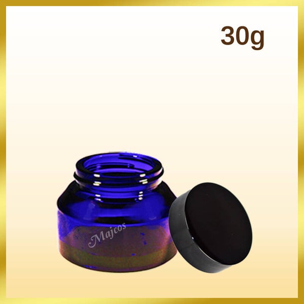 30g empty Blue Glass Jars supplied with shiny Black screw Caps & inner Liner