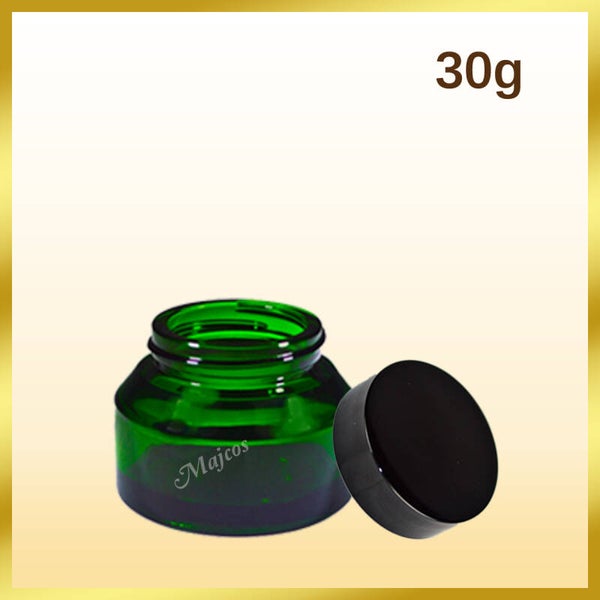 30g empty Green Glass Jars supplied with shiny Black screw Caps & inner Liner