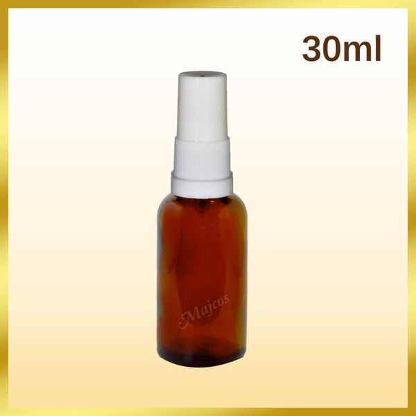 30ml empty Amber Glass Bottles with Tradional  White Atomiser / Mist spray- White over Caps