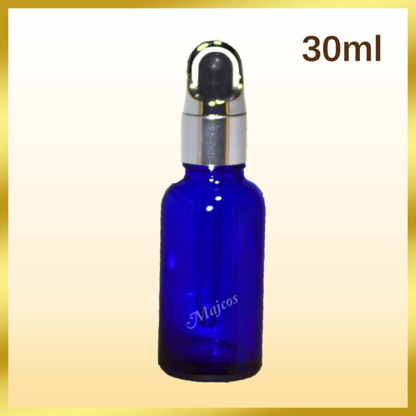 30ml empty Cobalt Blue Glass Bottles with Silver FB Black Top Glass Pipette Dropper