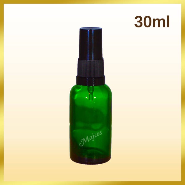 30ml empty Green Glass Bottles with Tamper evident Black Atomiser / Mist spray-Black over Caps