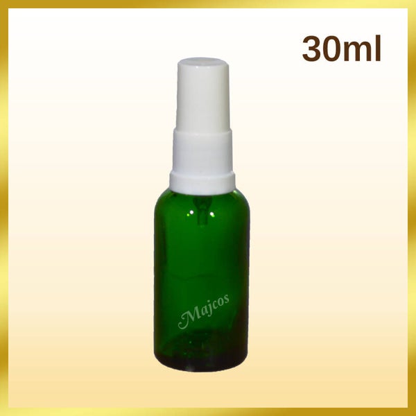 30ml empty Green Glass Bottles with white tradional  atomiser - White over Caps
