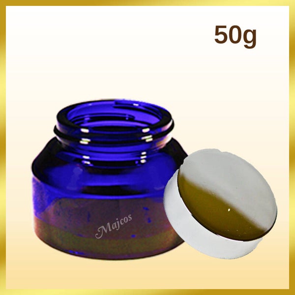 50g empty Blue Glass Jars supplied with shiny Silver screw Caps & inner Liner