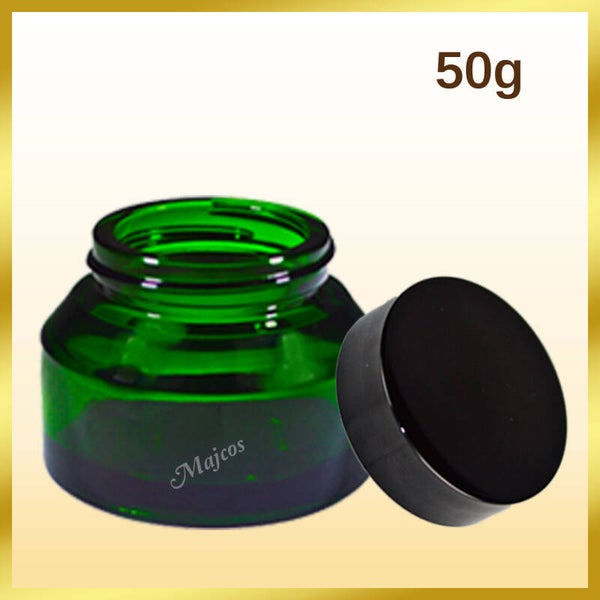 50g empty Green Glass Jars supplied with shiny Black screw Caps & inner Liner