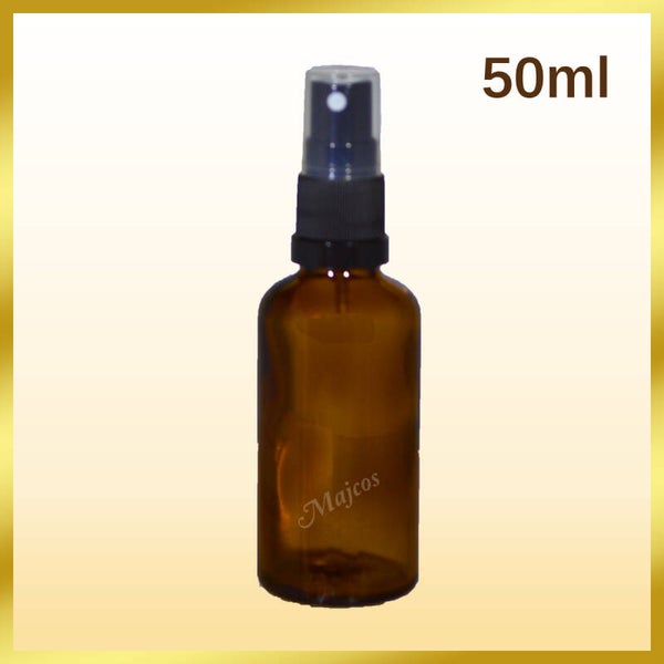 50ml empty Amber Glass Bottles with Black Atomizer / Mist spray -  clear over Caps