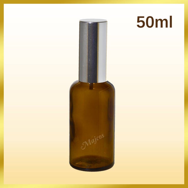 50ml empty Amber Glass Bottles with shiny Silver atomiser / fine mist spray